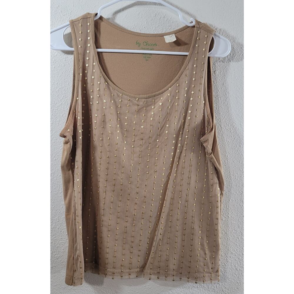 Chico's Tan Gold Sequins Front Panel Tank Top 1 Medium Lightweight Sleeveless